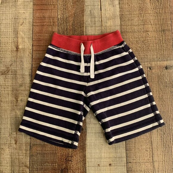 Hanna Andersson Boys Navy Blue And White Striped Sweat Shorts with red waistband - Picture 1 of 4